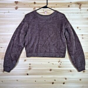 Hollister Sweater Womens Medium Brown Faux Fur Crop Top Long Sleeve Sweater